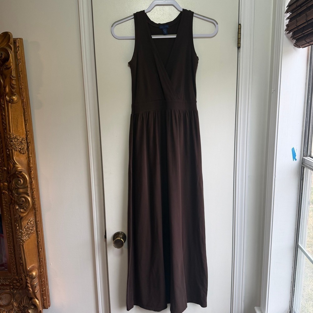 Lilla P Brown Pima Cotton Blend Surplice V-Neck Sleeveless Maxi Dress Small